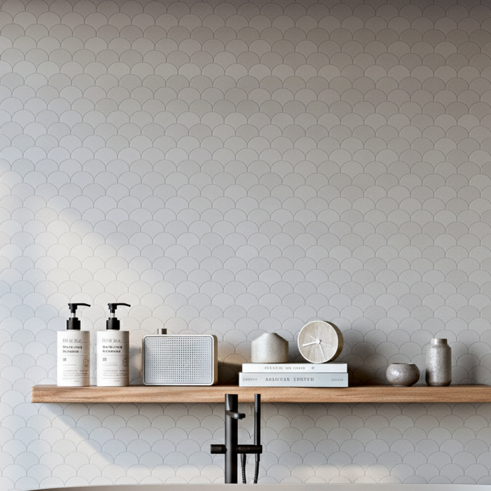 Recycled plastic wall tiles applied in a wet-area bathroom